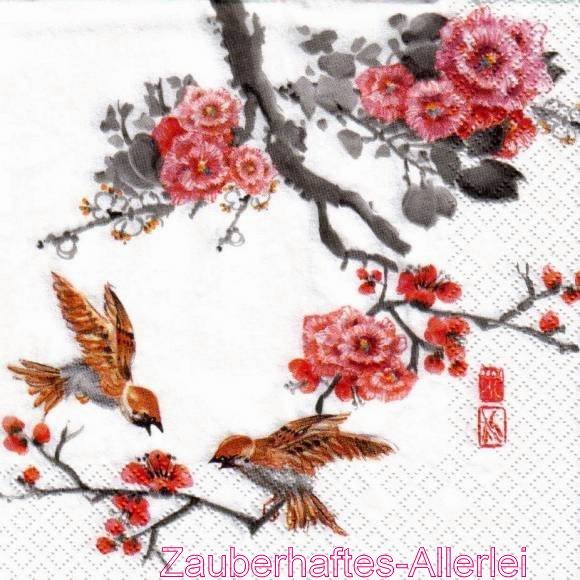 10556 Serviette Painted Asia - Japan-Brillenvögel zwischen Kirschblüten