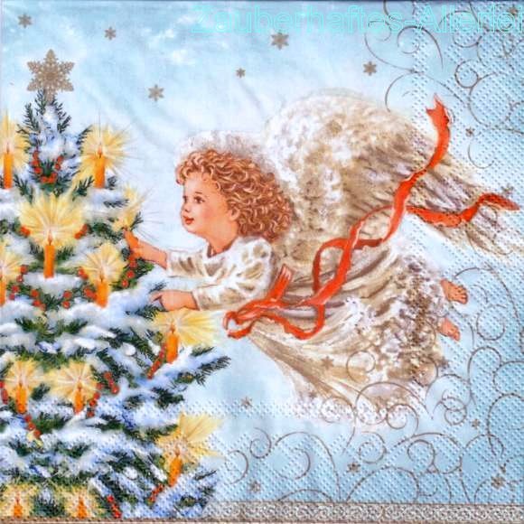 10629 Serviette Engel schmückt Weihnachtsbaum