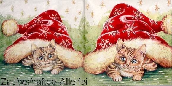 10712 Serviette Christmas Kitten - Katze + Kätzchen unter Weihnachtsmützen