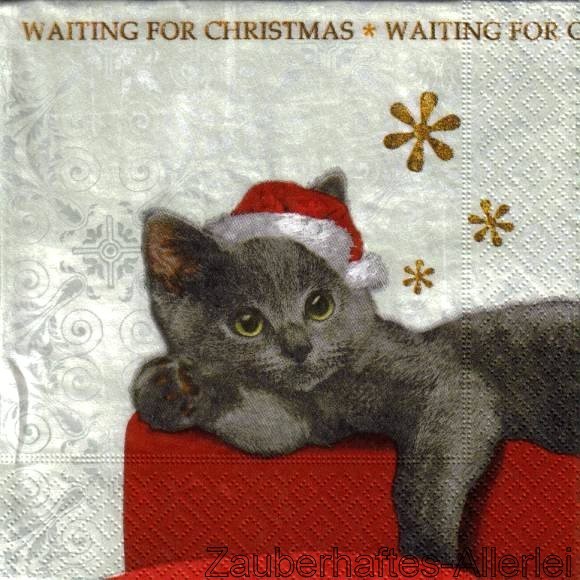10874 Serviette Christmas Cat - Katze wartet auf Weihnachten