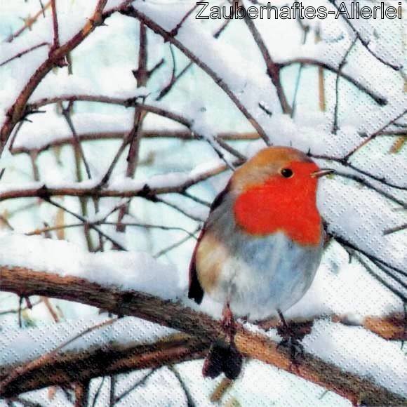 10924 Serviette Robin in a winter tree - Vogel Rotkehlchen auf Zweig