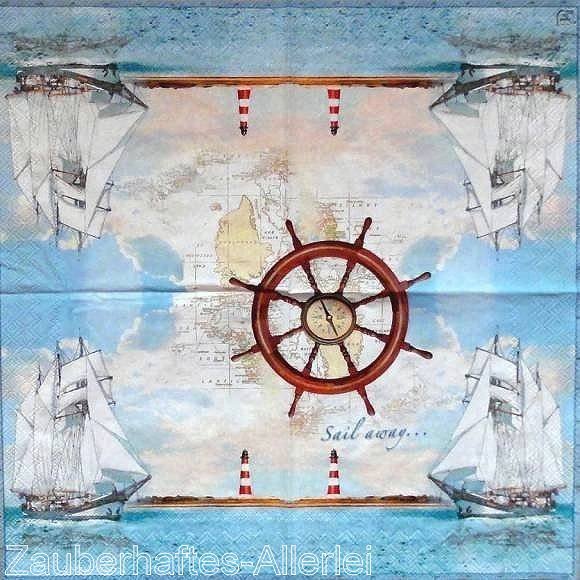 11084 Serviette Sail away -  Segelschiffe Steuerrad Landkarte