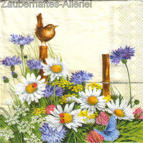 11232 Serviette Spring Feeling - Vogel über Blumenwiese