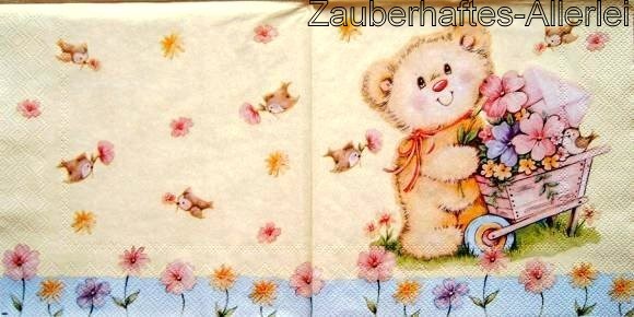11695 Serviette Bärchen Teddy mit Blumen Schubkarre