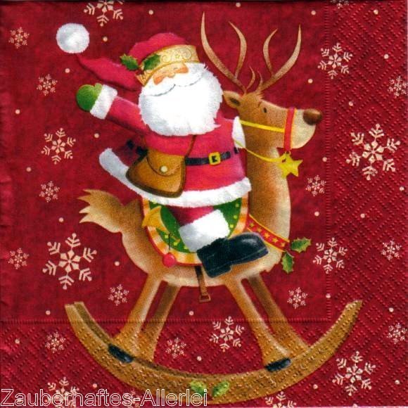 11750 Serviette Santa rides - Weihnachtsmann reitet auf Schaukelpferd