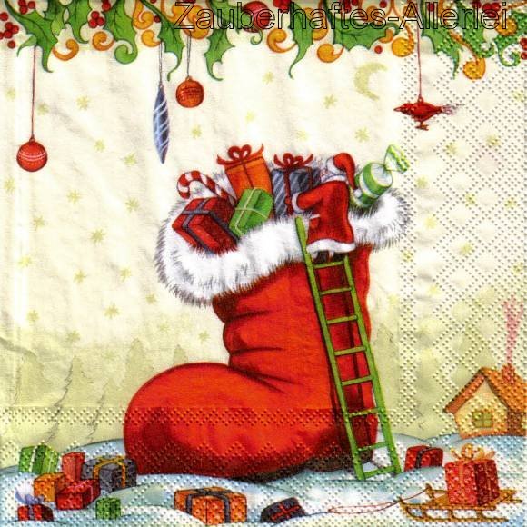 11780 Serviette Climbing Santa - Santa packt riesigen Geschenkestiefel