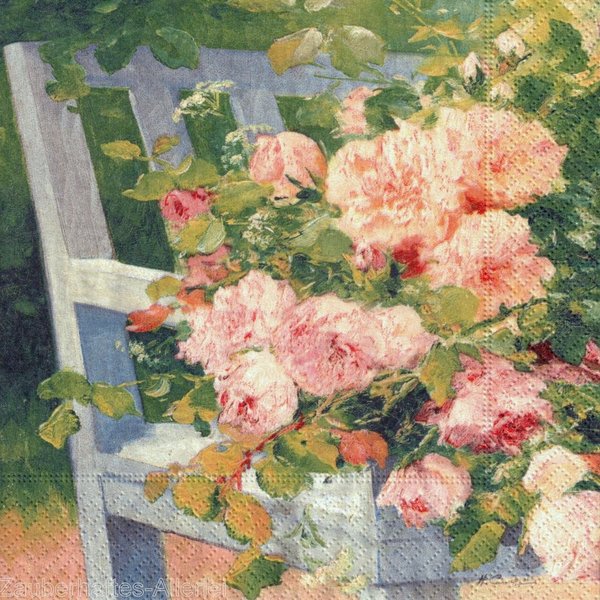 11553 Serviette Flowers on bench - Blumen auf Gartenbank