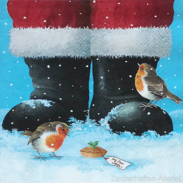 10186 Serviette Two Robins at Santa's Feet - Santa als Vogelfreund